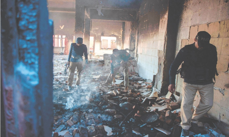 Police inside a burnt Hindu temple in Khyber Pakhtunkhwa, Pakistan. Credit: Abdul Majeed/AFP Police inside a burnt Hindu temple in Khyber Pakhtunkhwa, Pakistan. Credit: Abdul Majeed/AFP