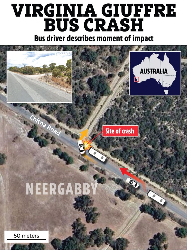Illustration of Virginia Giuffre bus crash site in Neergabby, Australia.