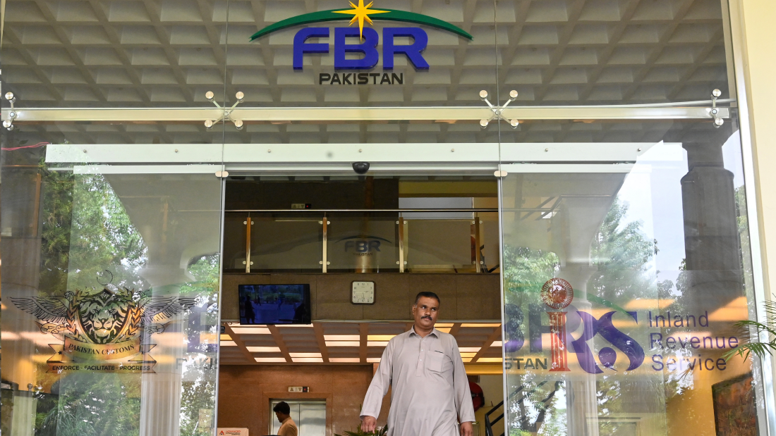 A man walks out of the Federal Board of Revenue (FBR) office in Islamabad.