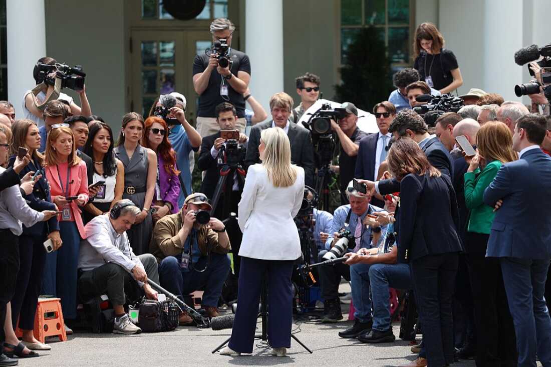 White House Press Secretary Karoline Leavitt speaks to the press at the White House in Washington, DC, on April 24, 2026. US envoys Steve Witkoff and Jared Kushner will head to Pakistan on April 25 for a new round of talks with Iran on ending the war, Leavitt told Fox News.