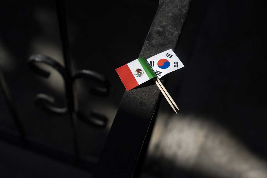 Los Angeles, California — June 11, 2026: Detail of flags at the home of Mirella Vargas and her husband, Bonyub Koo. The couple met in South Korea in 2019 while Mirella was working there and bonded early over soccer and the FIFA World Cup, often rooting for different national teams.